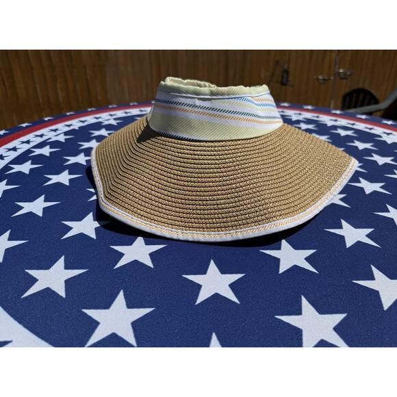 TAHARI Wide Brim Roll Up Sun Hat Packable Paper Blend OS Multi White Trim, EUC main image 4